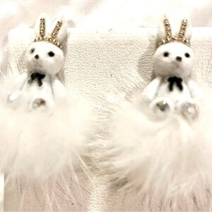 Bunny Rabbit White Flocked, Crystal, & Plush Rabbit Stud Dangle Earrings Easter